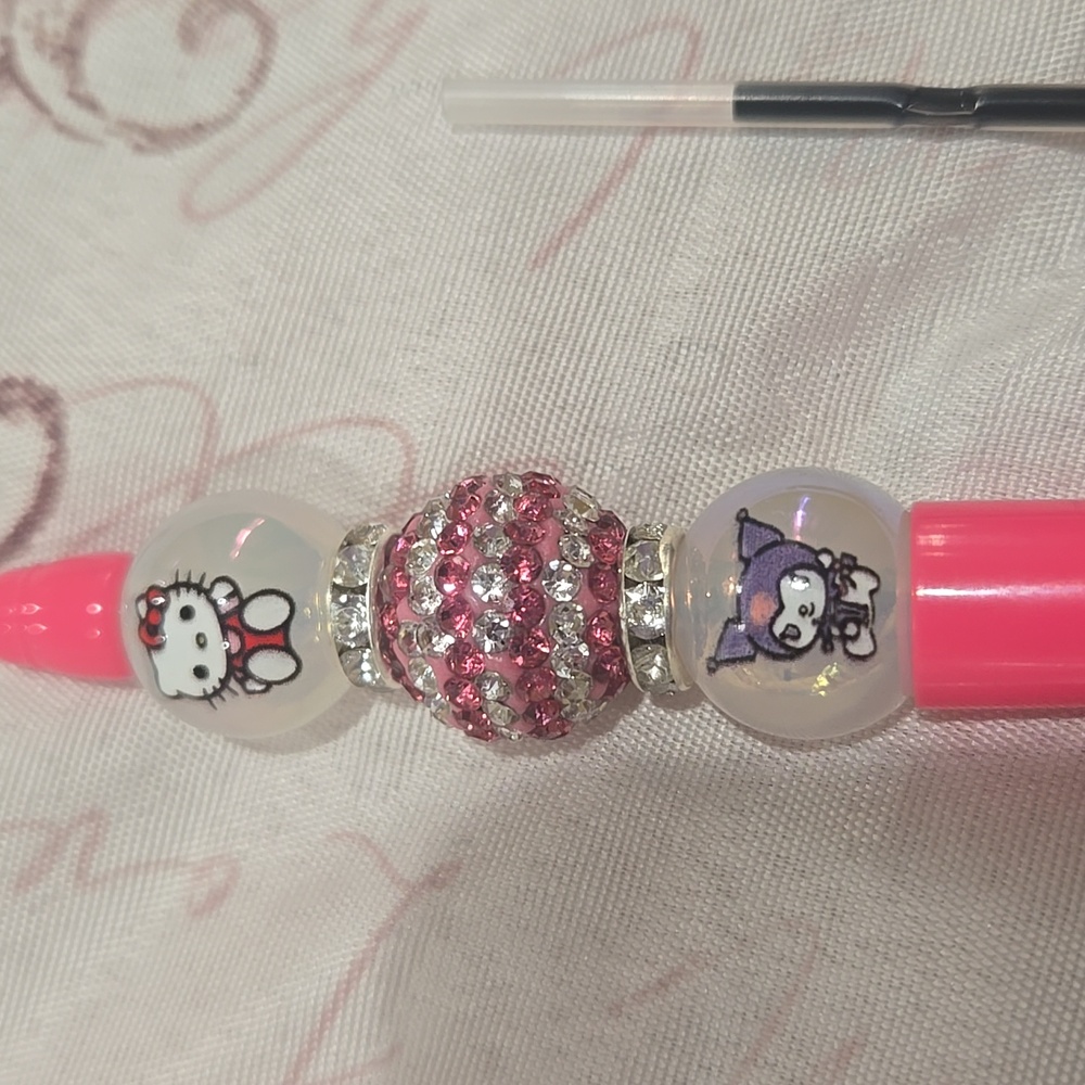 Pink Character HK And Kuromi Beaded Pen. Includes Extra Ink